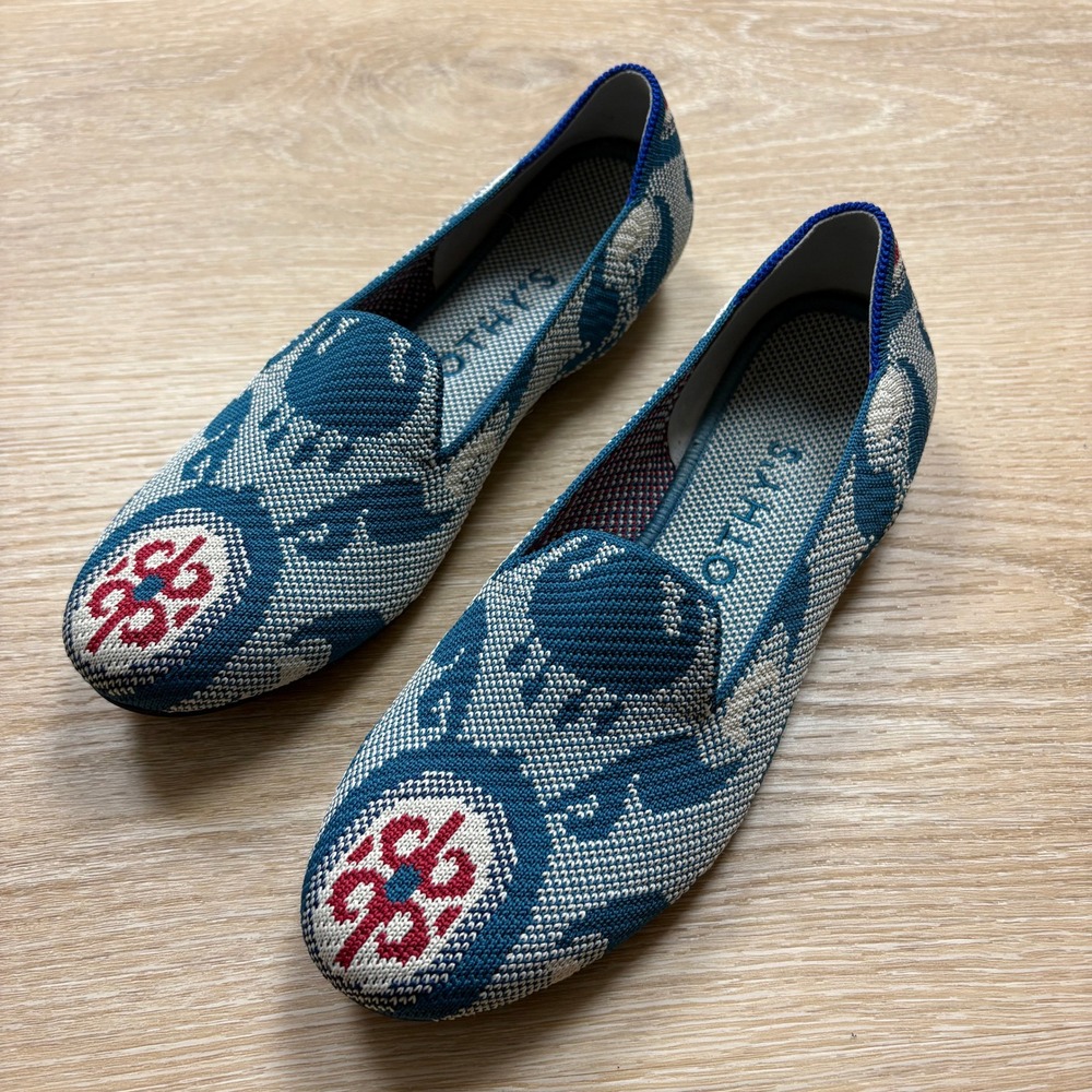 Rothy's Blue Teal and Cream Patterned Flats